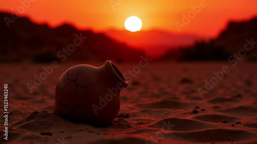 Clay Jar Sunset Silhouette Sandy Ground Red Sky Desert Artifact Ancient Pottery Evening Dusk