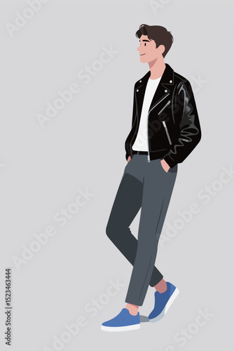 Man Wearing Black Leather Jacket and Blue Sneakers Walking Sideways