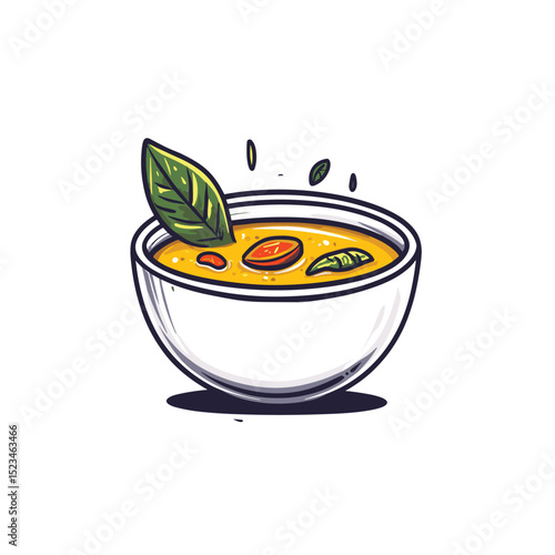 Bowl of soup food dish with basil garnish