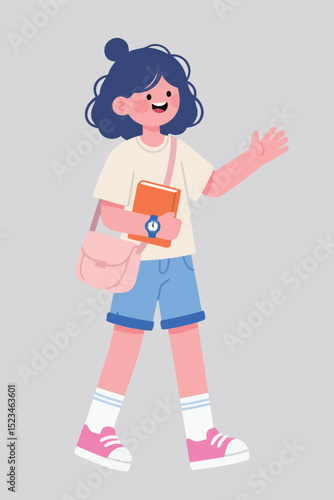 Happy Student Waving Hand While Holding Book and Bag