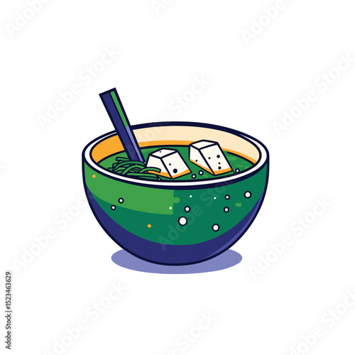 Bowl of soup with tofu and spoon