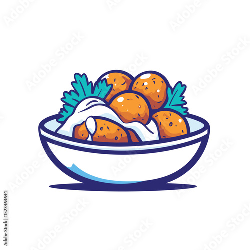 Bowl of tasty falafel with sauce and herbs