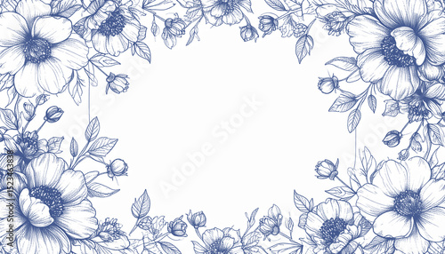  クラシックなペン画フラワー枠デザイン｜Classic Pen Drawing Floral Frame Design