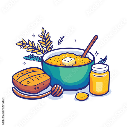 Breakfast porridge with honey toast wheat cartoon