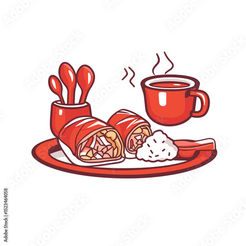 Breakfast plate with spring rolls and coffee