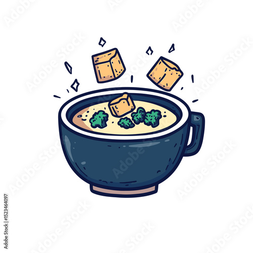 Broccoli cheddar soup bowl with croutons