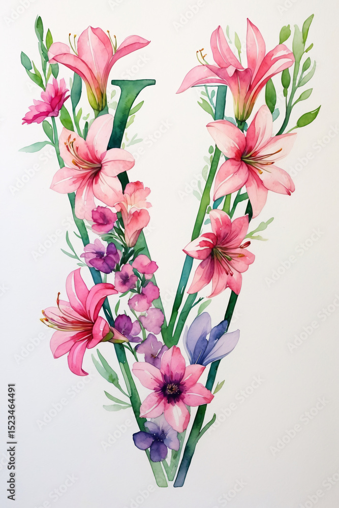 Obraz premium Charming Botanical Alphabet With Watercolor Lily Letter Design For Feminine Stationery Wedding Wall Poster floral and botanical alphabet illustration design