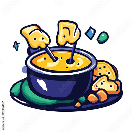 Cartoon cheese fondue with bread pieces snack