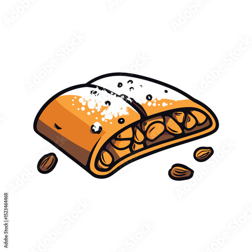 Cartoon strudel with almond and icing sugar