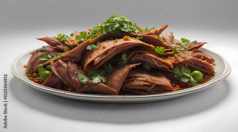 A savory dish of tender, marinated meat layered and served with fresh cilantro and a flavorful sauce. The meat is rich in color and texture, and the presentation is visually appealing. A savory dish of tender, marinated meat layered and served with fresh cilantro and a flavorful sauce. The meat is rich in color and texture, and the presentation is visually appealing.