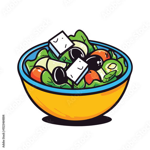 Colorful greek salad bowl with feta and olives