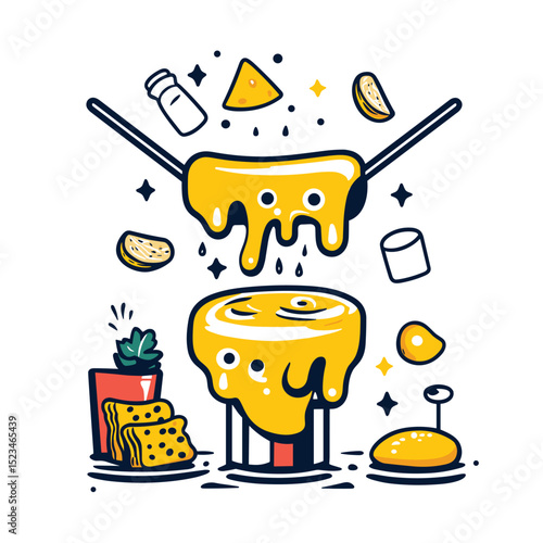 Delicious fondue set with cheese cubes elements