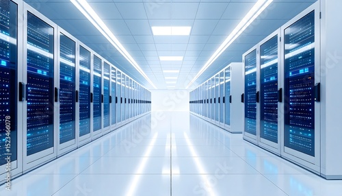 A long, well-lit corridor in a data center with rows of server racks on either side and reflective floors.
