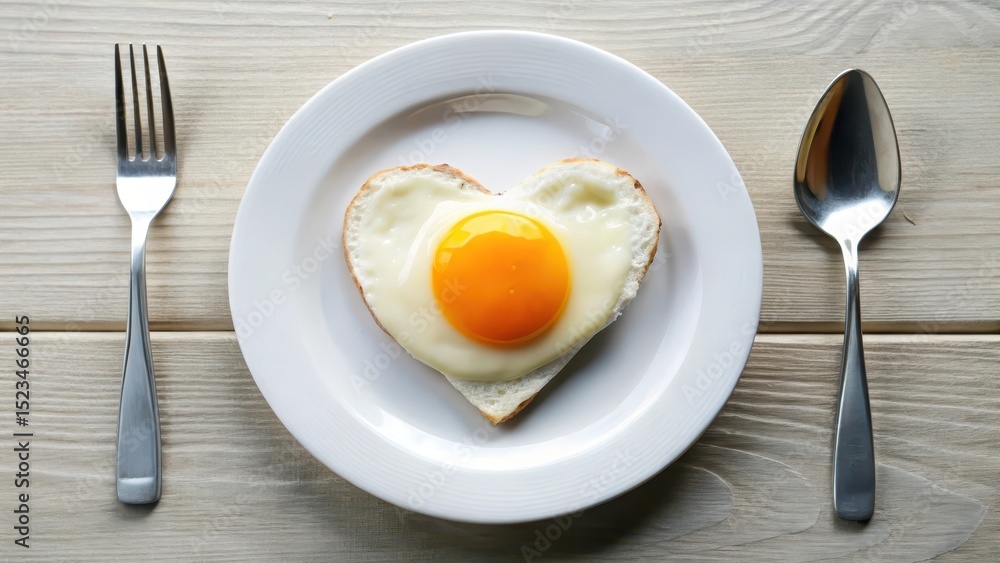 Crispy fried egg in heart shape with runny golden yolk on a white plate, morning, utensil, morning, utensil, breakfast Crispy fried egg in heart shape with runny golden yolk on a white plate, morning, utensil, morning, utensil, breakfast