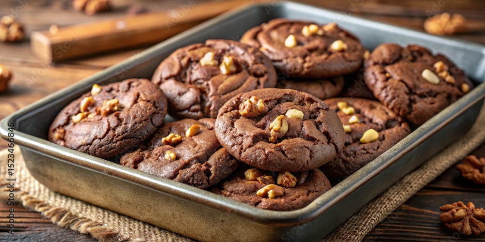 Rich chocolate cookies with a gooey center and crunchy walnuts in a warm baking dish Rich chocolate cookies with a gooey center and crunchy walnuts in a warm baking dish