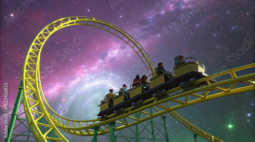 Roller coaster flying through cosmic galaxy, surreal amusement park concept, thrill ride in outer space, fantasy theme ride, intergalactic adventure, imaginative ride concept