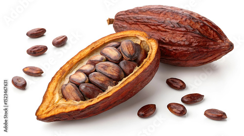 Open cocoa pod with seeds isolated on white, chocolate production ingredient, raw cacao bean close-up, tropical agriculture and food industry concept
