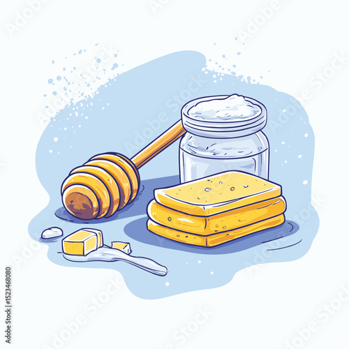 Honey, comb, butter, and cream ingredients still life
