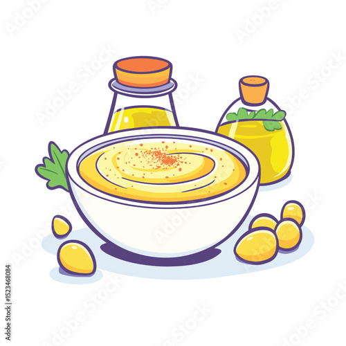 Hummus bowl with ingredients and condiments