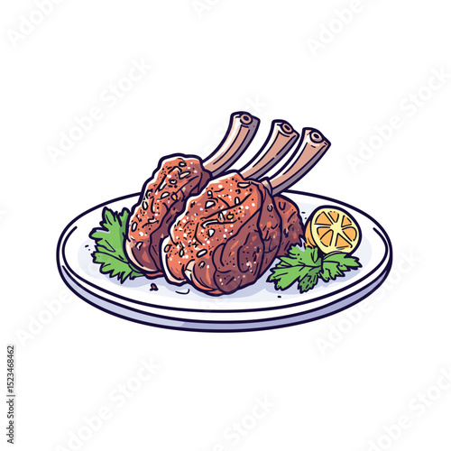 Lamb chops on plate with lemon and parsley