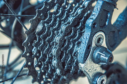 Bicycle gear system with water drops. Wet mountain bike gears and derailleur under rain. Detailed image of bike gear set with water droplets. Bicycle rear cassette and derailleur covered in rain