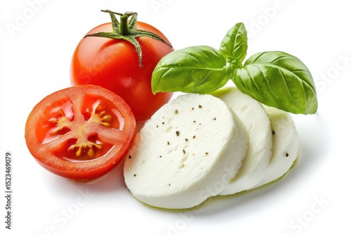 Slices of fresh mozzarella cheese with tomatoes and basil leaves, isolated on white background