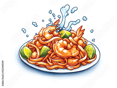 Pad thai noodles shrimp and lime cartoon art