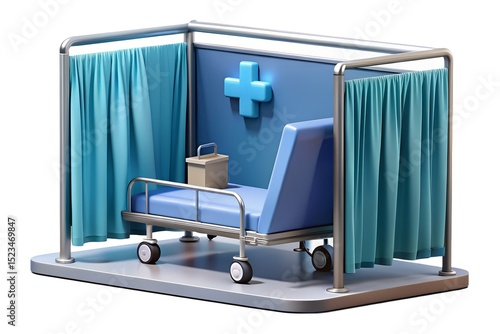 3d render of a hospital bed in a curtained cubicle