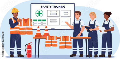 Isometric Illustration of an Industrial Engineer Conducting a Safety Training Session for Workers on Protective Equipment and Workplace Safety