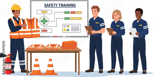 Isometric Illustration of an Industrial Engineer Conducting a Safety Training Session for Workers on Protective Equipment and Workplace Safety