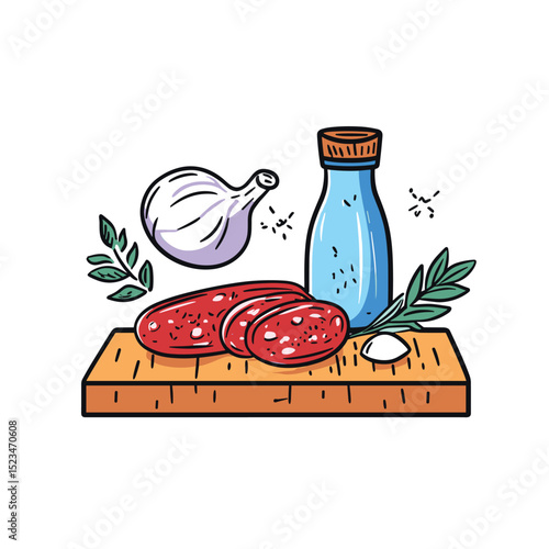 Salami garlic and oil on a cutting board
