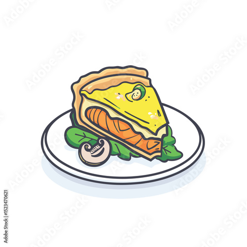 Salmon quiche slice on plate with mushroom
