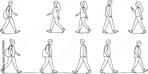One line drawing of urban residents walking on city street. Group of different people walking city background. Casual townspeople crosses the road in one way hand drawn vector illustration