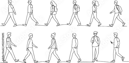One line drawing of urban residents walking on city street. Group of different people walking city background. Casual townspeople crosses the road in one way hand drawn vector illustration