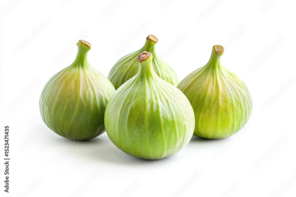 Obraz premium Four ripe green figs, isolated on white background, showcasing their smooth skin and vibrant color