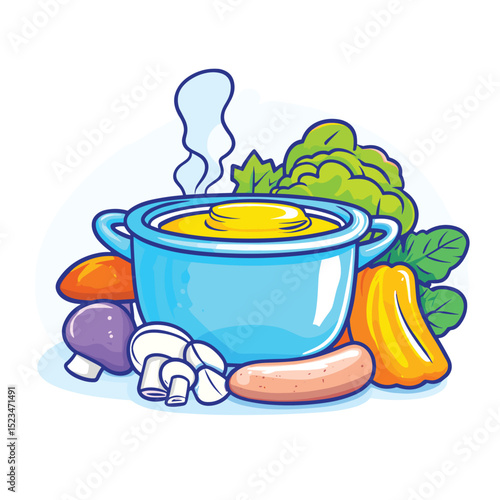 Soup vegetables, mushrooms, sausage ingredients cooking