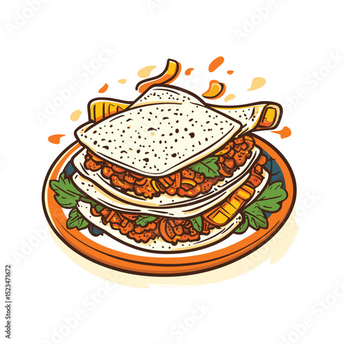 Stack of delicious tacos with meat and greens