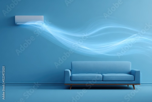 White air conditioner emitting blue airflow waves on blue wall, modern interior scene with light blue sofa and dynamic cooling effect.