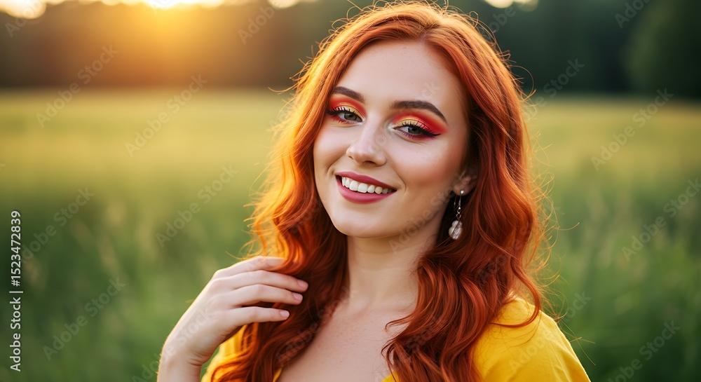 Naklejka premium Woman with vibrant makeup and fiery red hair in a field at sunset.