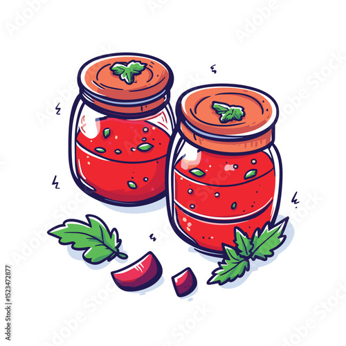 Tomato sauce jars with tomato and basil