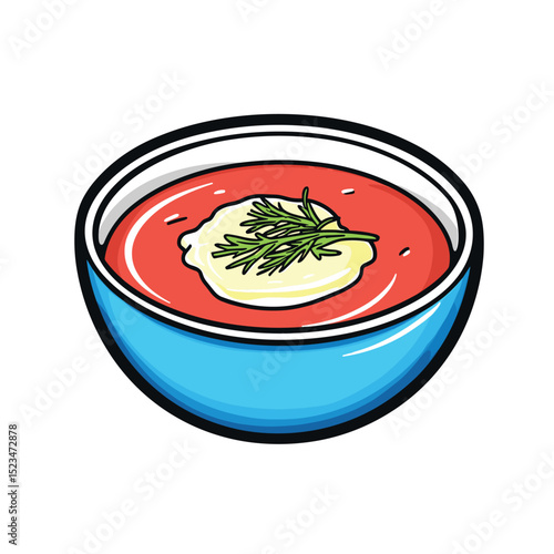 Tomato soup in blue bowl with garnish