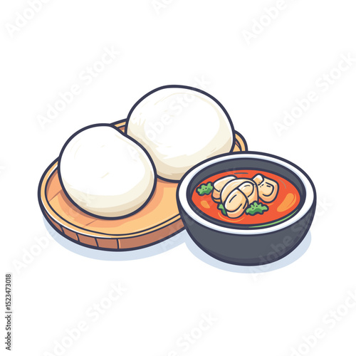 Two white buns with spicy sauce bowl