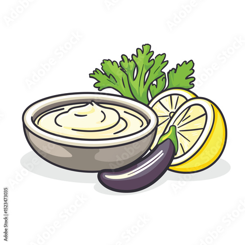 Vegan mayonnaise with lemon and parsley arrangement