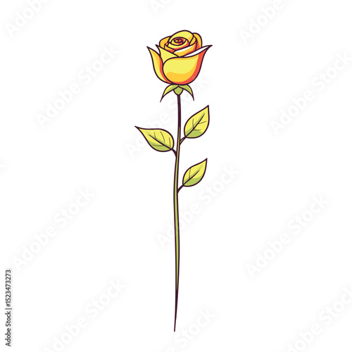 Yellow rose blossom with stem and leaves