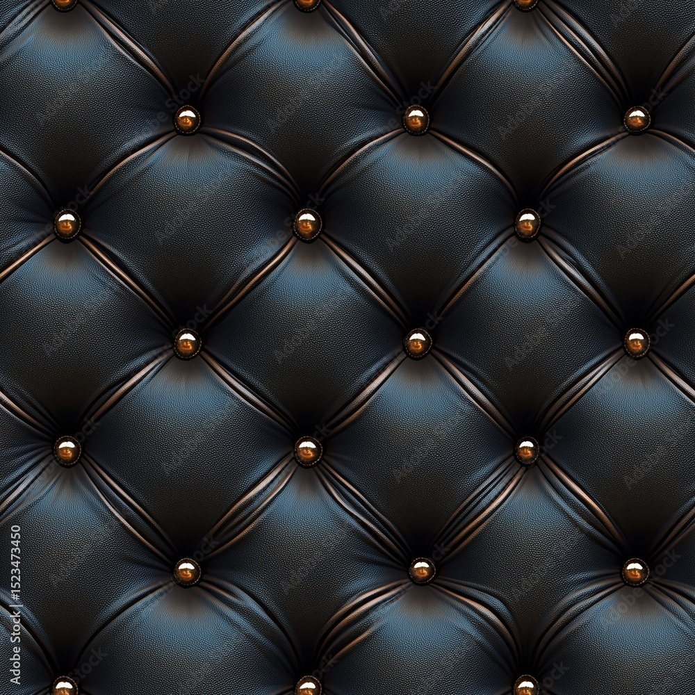 Obraz premium Seamless, sleek black leather capitone upholstery with deep button tufting and gleaming gold buttons, creating a refined and sophisticated texture perfect for luxurious backgrounds and modern design