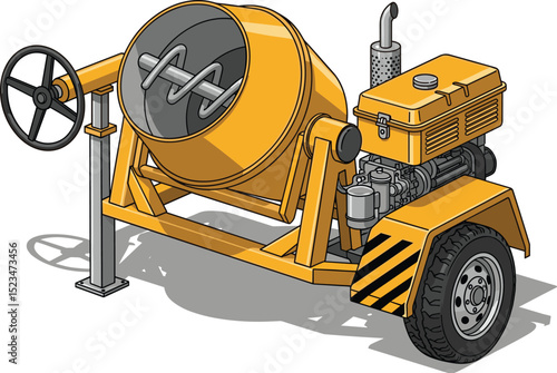 Isometric illustration of a portable concrete mixer machine with yellow drum and black wheel isolated on white background for construction and industrial concept design