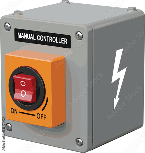 Isometric illustration of industrial manual power controller switch for electrical safety and equipment operation in factory and engineering environments
