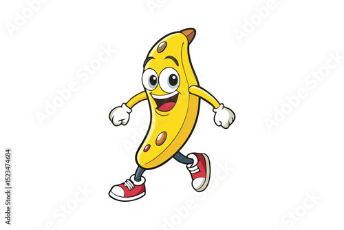 Cartoon Banana Character Running with Sneakers on White Background Cheerful and Energetic
