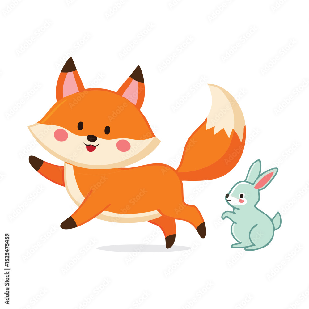 Obraz premium Cute fox and rabbit cartoon characters on white background