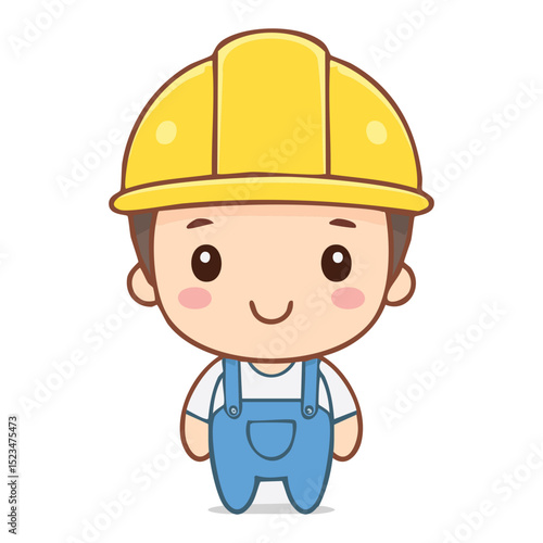 Cute cartoon of a builder wearing a yellow hard hat and blue overalls, with a smiling face
